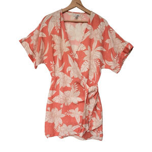 Amuse Society Mala Wrap Mini Dress Kimono Linen Blend Coral Tropical Resort S